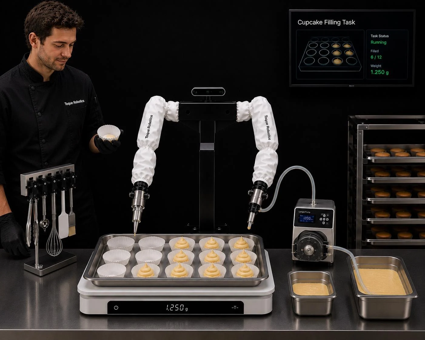 Illustration conceptuelle d’un robot à deux bras aux côtés d’un cuisinier, devant un plateau de préparations.